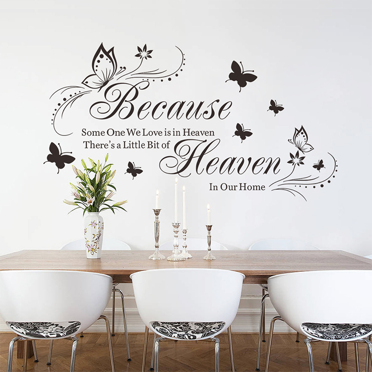 Because Someone We Love is in Heaven Wall Decals Flowers Quotes and Sayings Butterfly Wall Stickers Big Size Removable Vinyl Art Bedroom Nursery Room Living Room Home Wall Decor