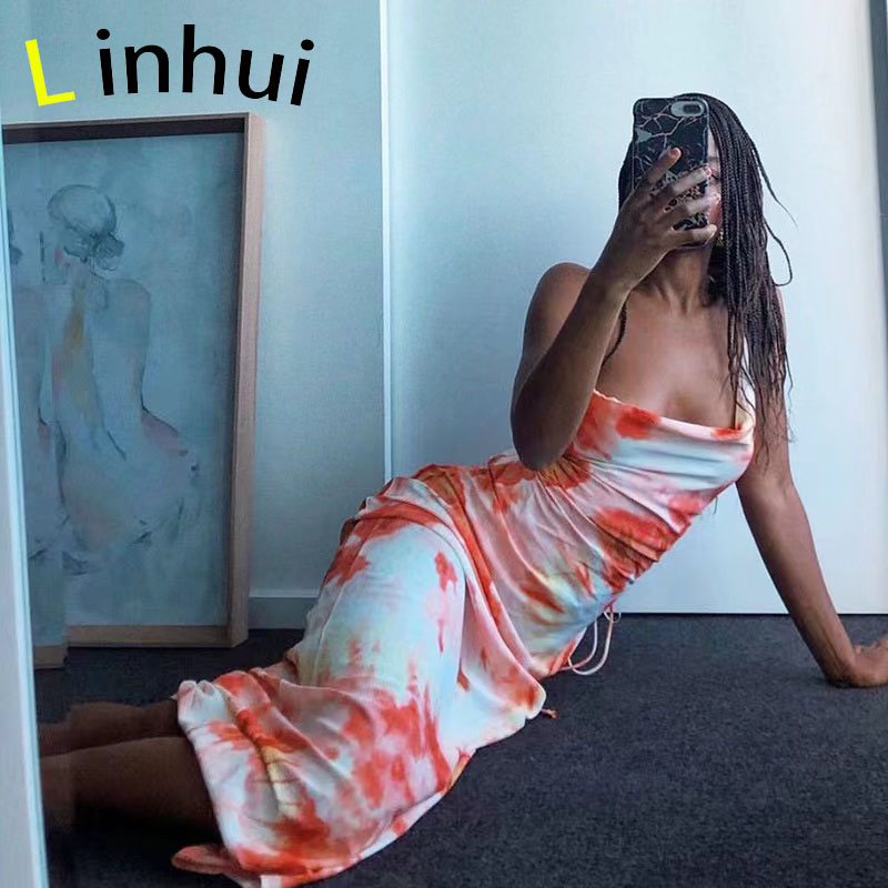 【Linhui】Ghana Sexy Hip Strap Slim Dress Tie Dye Bandage Backless party Dress