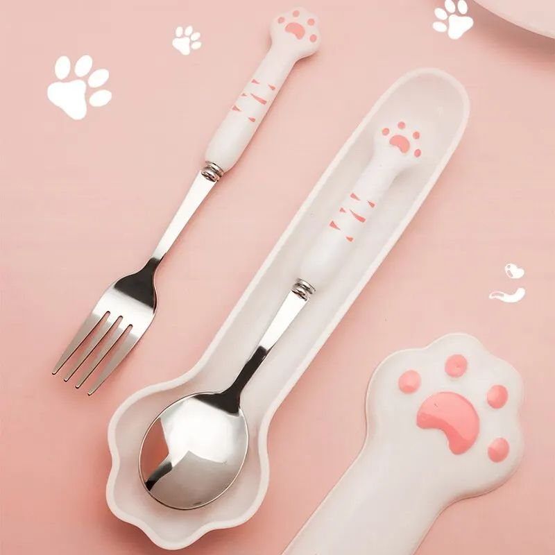 Stainless Steel Spoon and Fork Set with Storage Box Portable Tableware Cute Cat Paw Shaped Dinnerware Kit for Adults Kids School