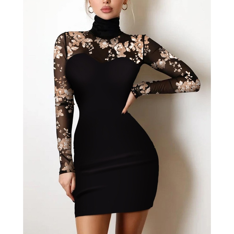 211119 Women's Long Sleeve Vintage Embellished Floral Long Sleeve Mock Neck Cocktail Evening Dress Sexy Bodycon Dress
