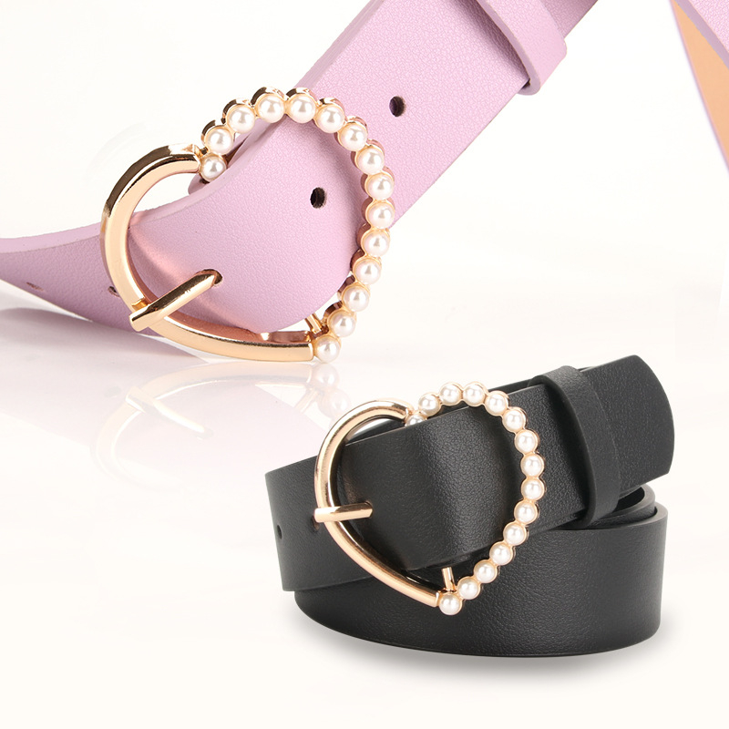 806 Women's New Style Embedding Pearl Peach Heart Buckle Belt Dress Decorative Belt