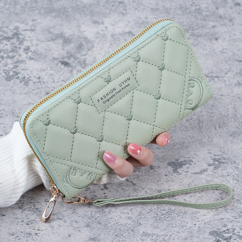 845 Women's New Solid Color Embroidered Soft Face Wallet Long Zipper Purse