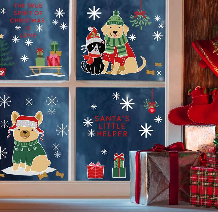 Christmas Window Clings Cute Dog Christmas Window Stickers Double Side Printed Dog Christmas Clings for Glass Windows Snowflakes Window Stickers for Home School Office Decorations 4 Sheets