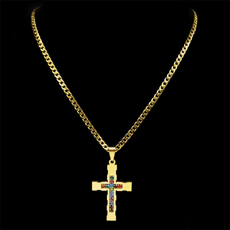 Cross pendant necklace ，Gold stainless steel necklace CRRSHOP High end feel, hip-hop diamond necklace free shipping