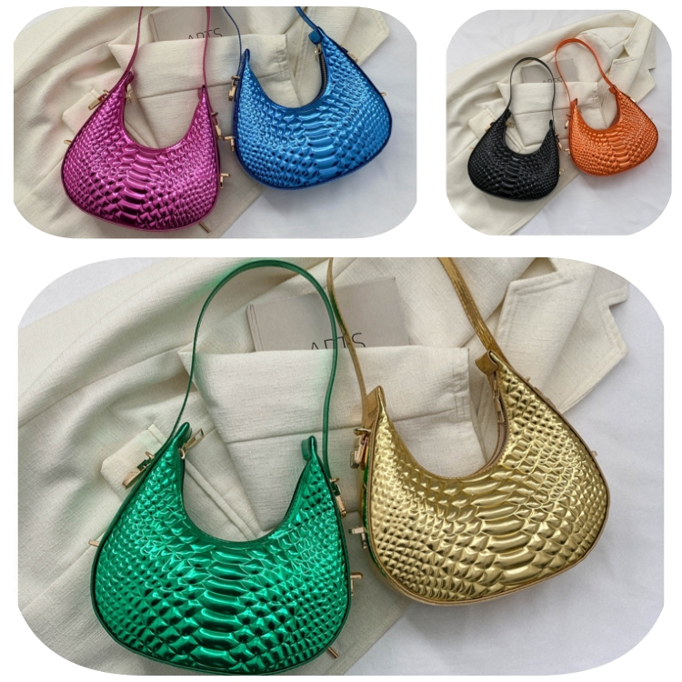 Should bags female popular laser Bright surface Crocodile pattern New Moon Package Women's bag fashion Leisure pinkycolor Underarm Shoulder bag CRRSHOP new fashion trend black blue green orange purple gold rose red bag Street trend 