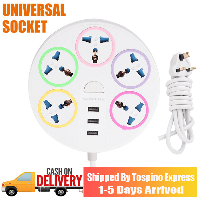 Universal Socket Power Strip 5 Way Outlets 3 USB Charging Ports 7 Feet Long Extension Cord