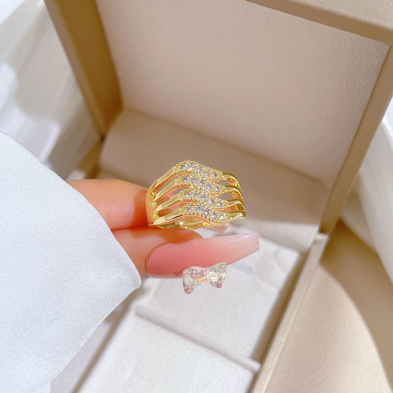 Four Layer Hollow Wave Zircon Open Adjustable Ring Real Gold Electroplated Wide Band Finger Ring Sparkly Cubic Zirconia Minimalist Hand Jewelry Elegant Daily Matching Couple Promise Statement Band Gift For Women Men Dating Party Accessory
