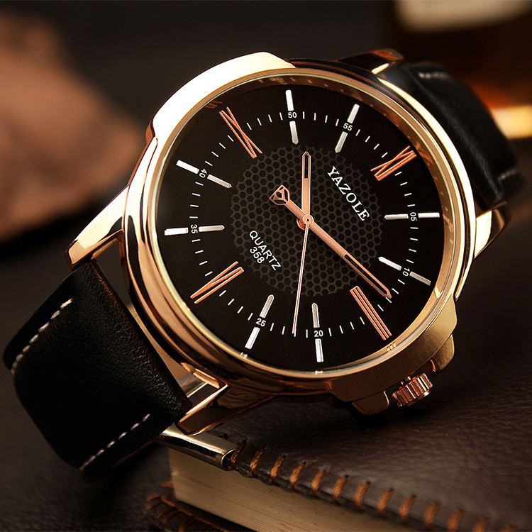 Rose gold watch leather strap men's business quartz watch
