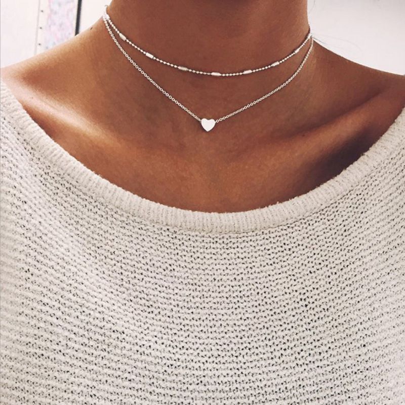 Minimalist style small love neck chain copper heart double pendant clavicle necklace