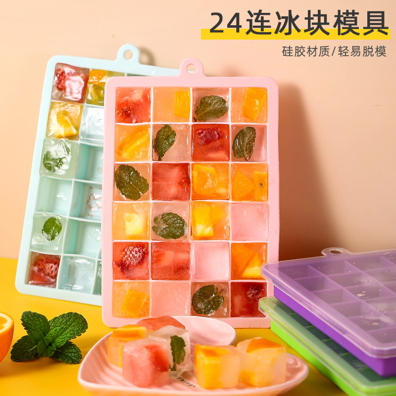 KU-22077 24 Grid Food Grade Ice Cube Tray Silicone Ice Mold with Lid Home DIY Ice Cream Ice Cube Maker Cold Drink Kitchen Bar Accessories