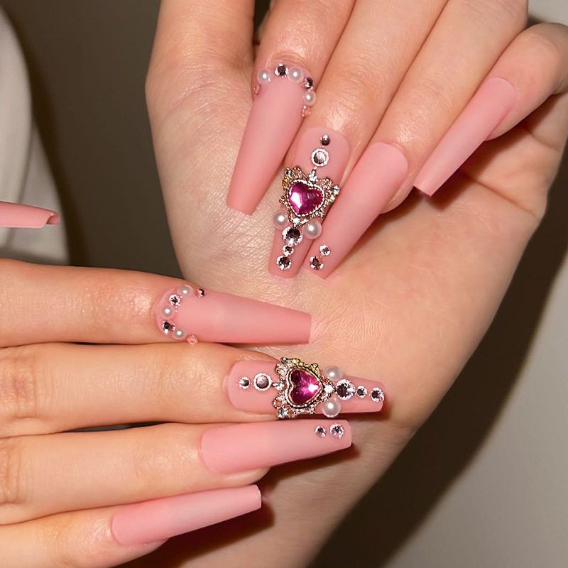 JP1699 24 Pcs Matte Press on Nails, Super Long Coffin Rhinestone & Faux Pearl Decor Fake Nails, Full Cover Artificial False Nails for Women and Girls
