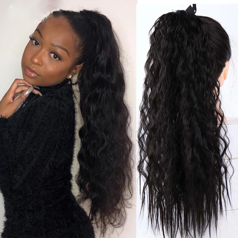 6018 Corn Wave Ponytail Extension- 22 Inch Long Wavy Curly Wrap Around Pony Tail Heat Resistant Synthetic Hairpiece for Women
