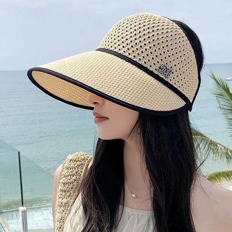 Women's Knit Sun Visor Hat, Wide Brim UV Protection Hollow Breathable Ponytail Cap, Adjustable Summer Outdoor Hat with Rhinestone Logo, 4 Colors Available, Fits 56-58cm Head Circumference