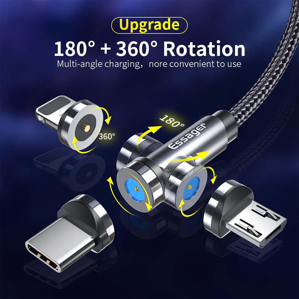 Essager 540 Rotate Magnetic Cable Fast Charging Magnet Charger Micro USB Type C Cable Mobile Phone Wire Cord For iPhone Xiaomi  FD11825500