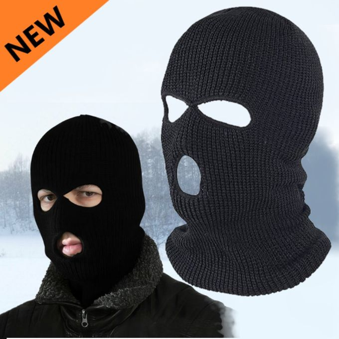 3-Hole Knitted Full Face Ski Mask Balaclava Beanie Hood Cap - Black