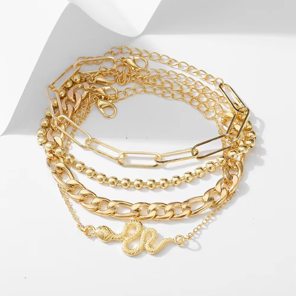 Women's Snake Gold Anklet Set Multi-Layered Metal Chain Anklet