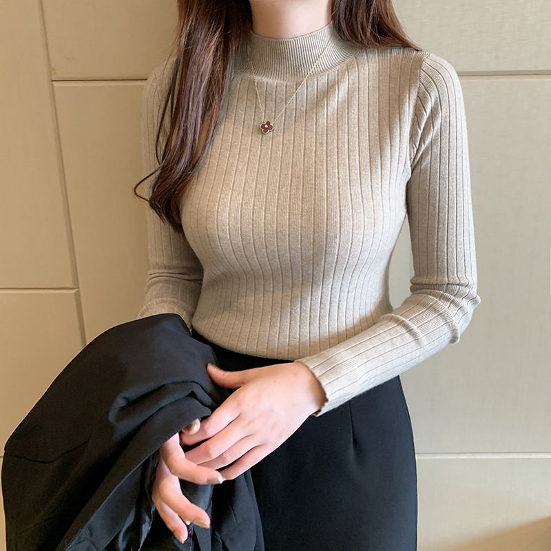 MY837 Women's Autumn and Winter New Solid Color Knitted Sweater Half High Neck Long Sleeved Top
