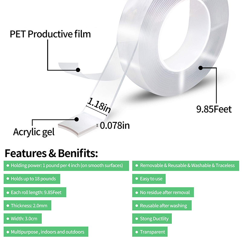 HF809 Double Sided Tape Heavy Duty, Multipurpose Removable Mounting Tape Adhesive Grip,Washable Strong Sticky Wall Tape Strips Transparent Tape Poster Carpet Tape for Paste Items,Household
