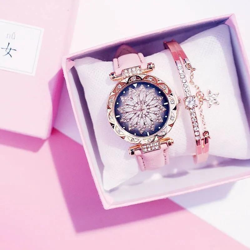 Luxury Diamond Women's Watch Crystal Watch Bracelet Set Women's Jewelry Casual Starry Sky Rose Gold Watch