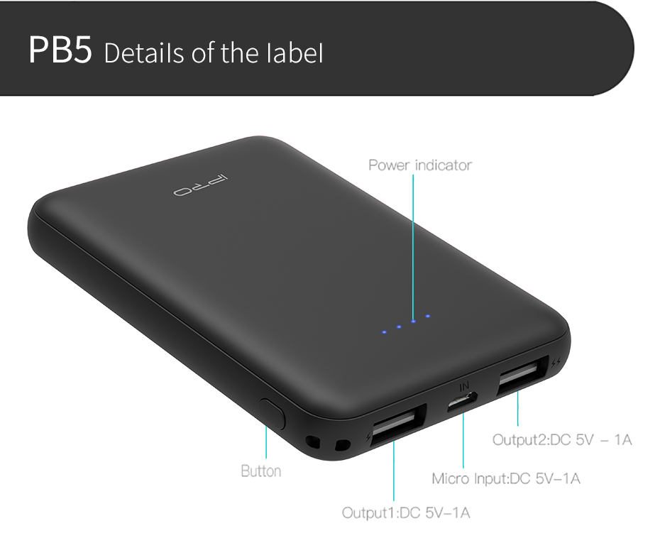 IPRO FB5 Portable Powerbank Mobile Phone Charger Ultra Compact Charger Power Bank 5000mAh External Battery Pack Dual Output Port with LED
