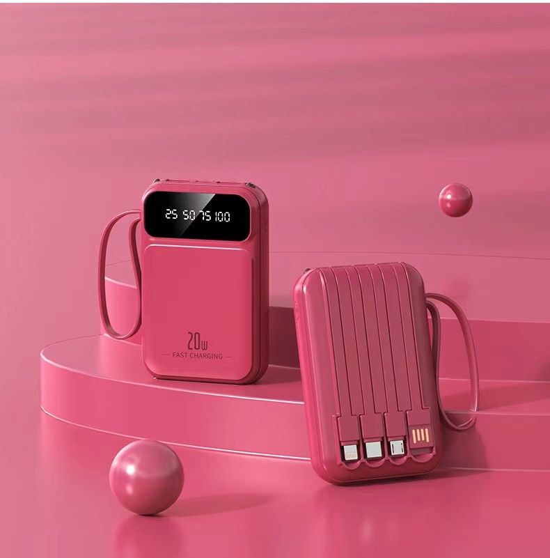Portable Charger 20000mAh 5V/2.1A LED Display 4 in 1 High-Speed Power Bank Self Wired Power Supply Battery Pack Fashionable Design 