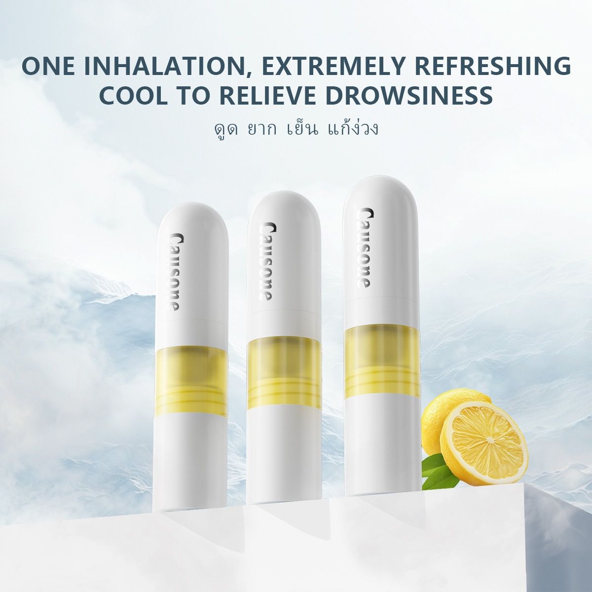 CAUSONE Thai Double-ended Nasal Inhaler, Lemon Mint Scent Eight Immortals Stick with Massage Roller Ball, Dual Use Aromatherapy Nasal Stick for Refreshing and Mind Boosting
