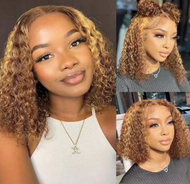Ohemaa Strands Water Curly Deep Wave Human Hair Lace Wigs- 5*1 Short Bobo Highlight Frontal Wigs With Baby Hair For Women