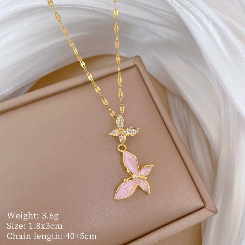 Titanium Steel Chain Double Butterfly Pendant Necklace Micro‑Pave Cubic Zirconia Pink Enamel Drop‑Oil Design Luxury Glamorous Women Clavicle Chain Delicate Shiny Fashion Neck Jewelry Versatile Daily Dating Party Accessory Gift for Ladies
