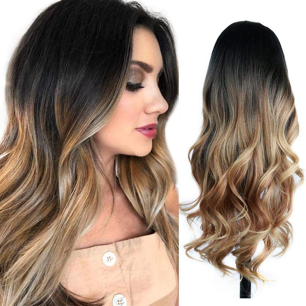 Ombre Long Curly Wig for Women, Middle Part Big Wavy Synthetic Hair Wig, Natural Looking Heat Resistant Full Head Wig for Daily Party Cosplay