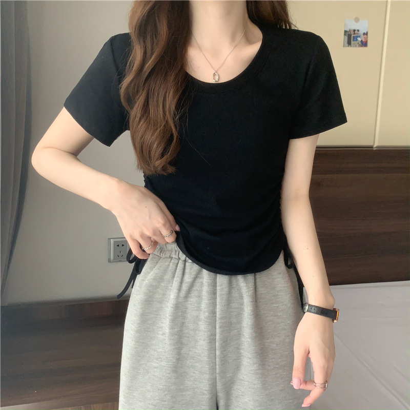 420 Women's Loose Crewneck Drawstring Slim Short Sleeve T-shirt