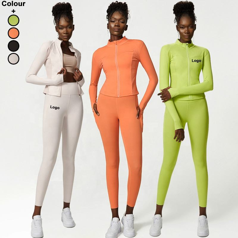 High Collar Fitness Long Sleeve Wear Set Zipper Running Jacket Yoga Pants With Pockets Leggings For Women Workout Clothing