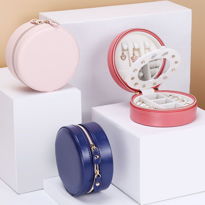 sp01172 Small Jewelry Box Round Velvet Travel PU Leather Jewelry Earring Ring Necklace Storage Case Organizer