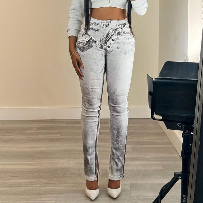 K23P40673 Women's New Fashion Color Contrast Print High Waist Street Photo Tight Pencil Casual Pants