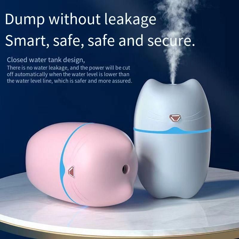 Cute Cat-Shaped Mini Humidifier, Portable USB Humidifier with Ambient Light, 260ML Quiet Air Humidifier for Home Bedroom, Office, Car, Continuous/Intermittent Mist, Personal Moisturizing Diffuser for Dryness Relief, Ideal Gift