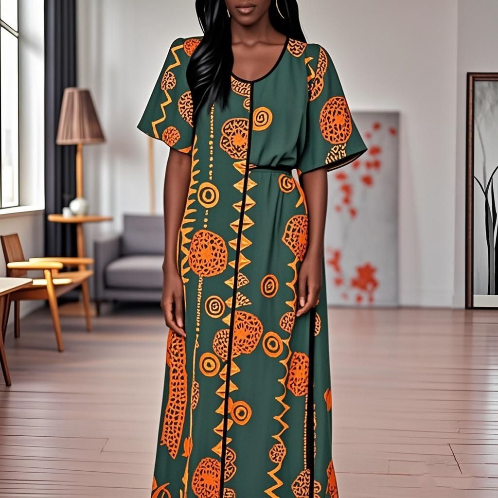 92% Silk Yellow Flower Print Green Women's Dress