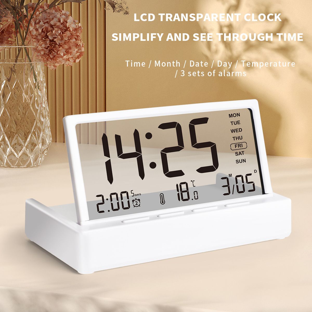 New Minimalist Transparent LCD Electronic Clock, Foldable Multifunctional Desktop Alarm Clock, Large Screen Temperature Time Date Display Portable Desk Ornament for Home Office Dormitory