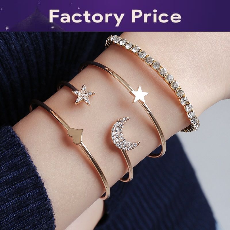 4pcs/Set Vintage Fashion Charm Star Moon Bracelet for Women Personality Gold-plated Stainless Steel Bracelet Punk Jewelry Sets