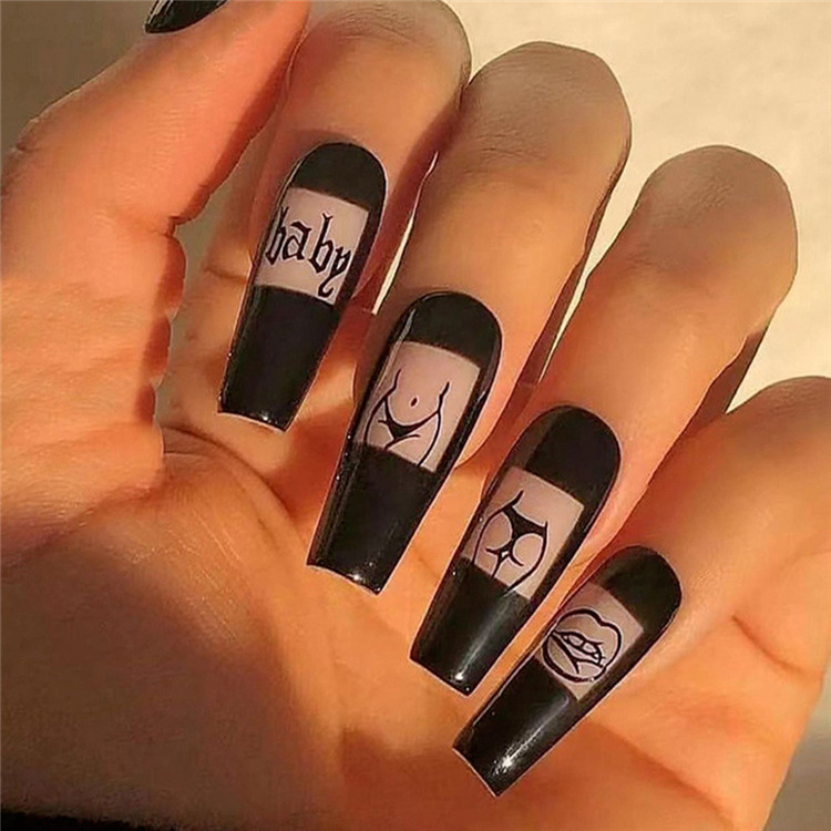 Halloween Fake Nail With Designs Coffin Artificial Nails Tips Overhead With Glue Press On Nail False Nails Set Nail Art Tools Accessories