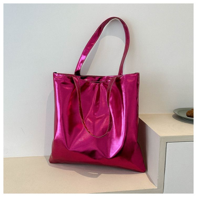 Women Solid Color Glossy PU Tote Bag, Large‑Capacity Textured Top‑Handle Handbag, Stylish Soft PU Shoulder Commute Tote Bag for Ladies Daily Use
