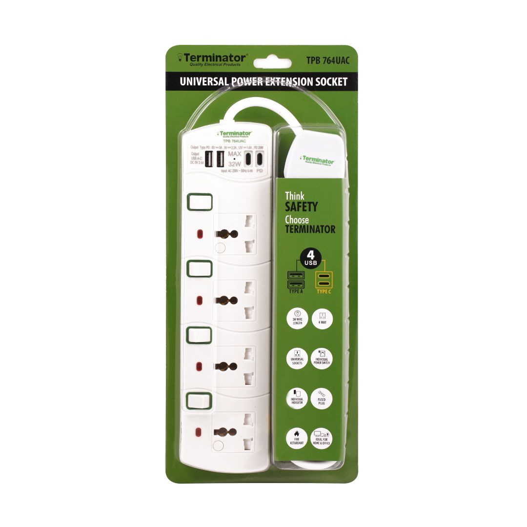 4 Way Universal Power Extension Socket With Individual Switches, Indicators and 4 USB (2 USB-A & 2 USB-C, USB Output Max DC 5V 4600mA) 3M Cable 13A