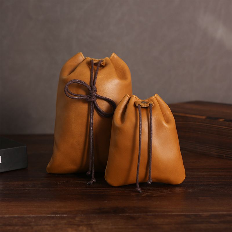 Genuine Leather Drawstring Pouch, Vintage Cowhide Coin Purse, Handmade Small Wallet, Double-Sided Leather Card & Cash Storage Bag
