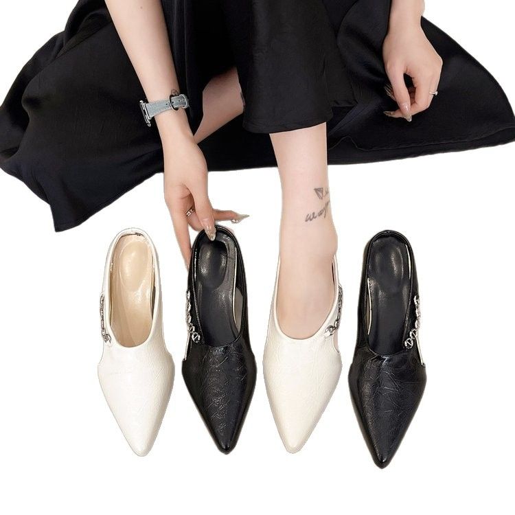 High-heeled women 2025 summer new pointy half bag thick heel sandals female bag head low heel shallow mouth all build slippers