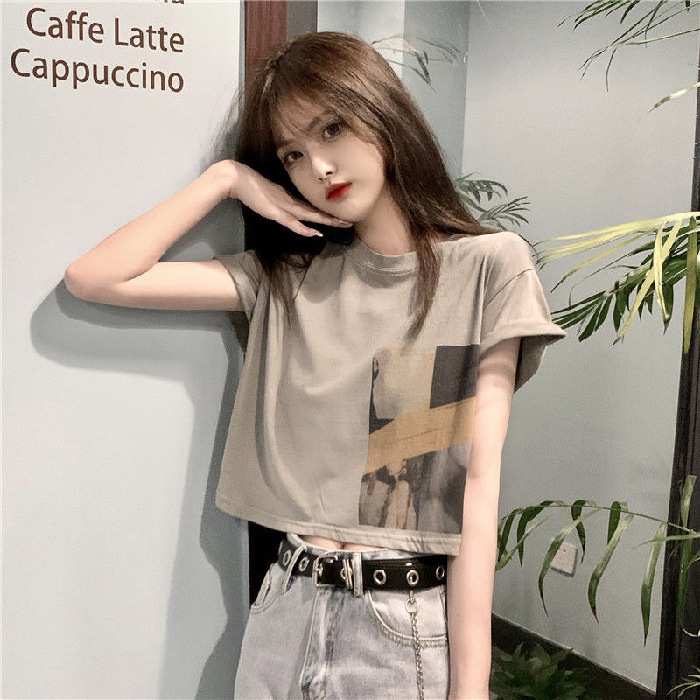 986 Women's Fashion Loose Casual Print Crop Top Short Sleeve T-shirt