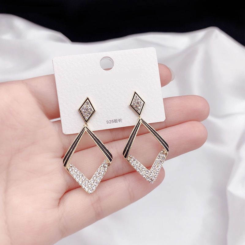 Women's 925 Silver needle delicate geometric diamond set earrings 162