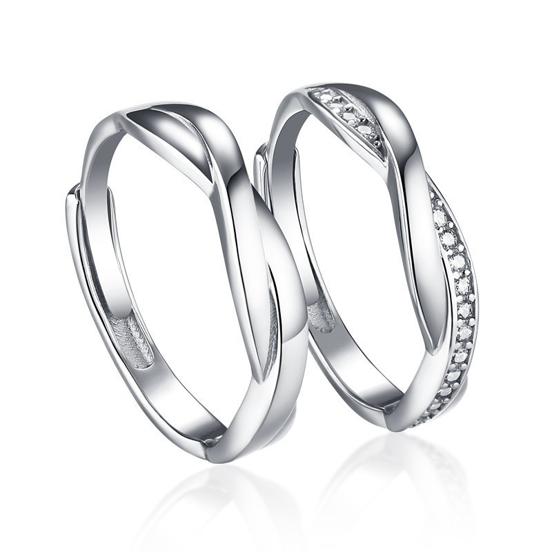 TL-083 925 Sterling Silver Couple Rings, Opening Adjustable Eternity Promise Engagement Wedding Statement Rings Simple Jewelry Gifts for Women Girls Men BFF

