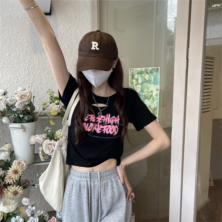 WYP-6791 Women's Fashion Loose Cutout Design Sense Printed Slim Slim Cropped T-shirt