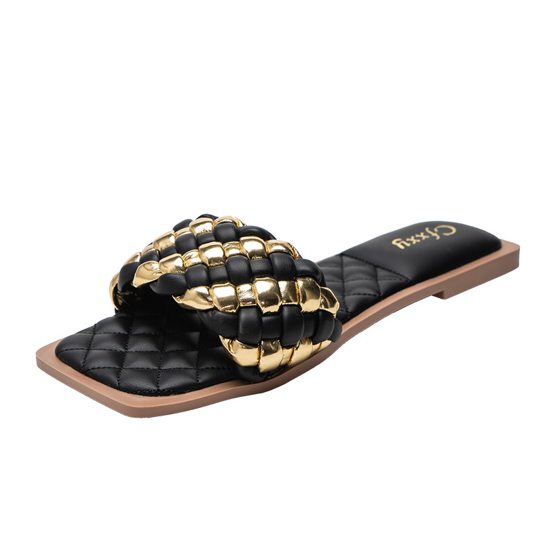 LX2020-18 Women's Color Block Metal & Leather Braided Design Flat Slide Sandals

