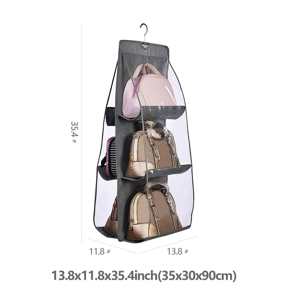 Hanging Handbag Organizer Dust-Proof Storage Holder Bag Wardrobe Closet for Purse Clutch with 6 Larger Pockets Grey