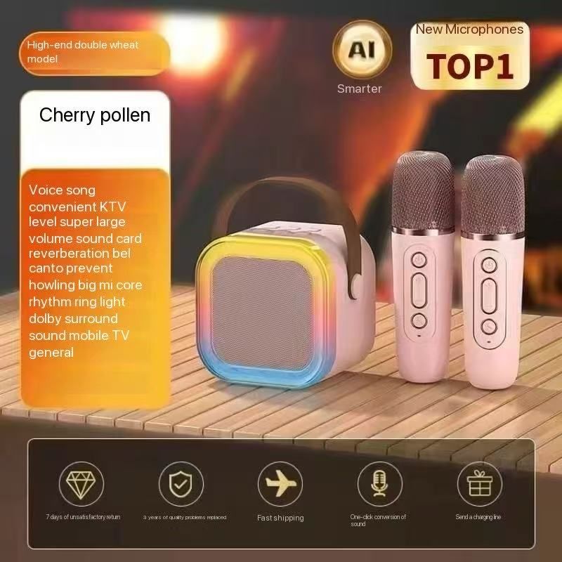 Intelligent KTV Bluetooth Speaker: Double Microphone Color Lights Create KTV Atmosphere, Portable Entertainment New ExperienceCoral pink