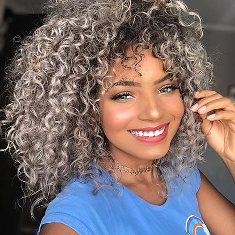 Short Hair Afro Kinky Curly Wigs With Bangs African Synthetic Ombre Glueless Cosplay Wigs For Black Women High Temperature